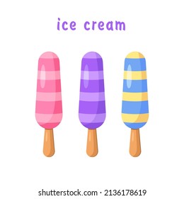Cute ice cream juice on a stick. Ice cream in pink, purple, blue, yellow colors isolated on white background idea for a poster, postcard, t-shirt. Wild berries. Vector