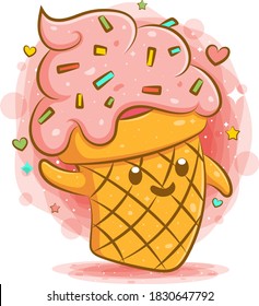 Cute ice cream kawaii cartoon character of illustration