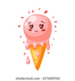 Cute ice cream in love. Valentine Day greeting card. Illustration of kawaii character with eyes hearts.