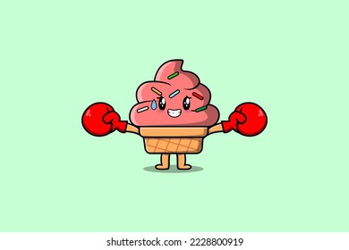Cute Ice cream mascot cartoon playing sport with boxing gloves and cute stylish design