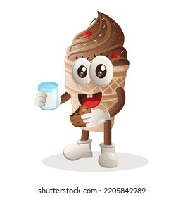 Cute ice cream mascot drink milk and eat cookie. Perfect for food store, small business or e-Commerce, merchandise and sticker, banner promotion, food review blog or vlog channel
