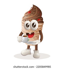 Cute ice cream mascot drinking tea, tea time. Perfect for food store, small business or e-Commerce, merchandise and sticker, banner promotion, food review blog or vlog channel
