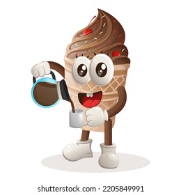 Cute ice cream mascot drinking coffee, coffee time. Perfect for food store, small business or e-Commerce, merchandise and sticker, banner promotion, food review blog or vlog channel
