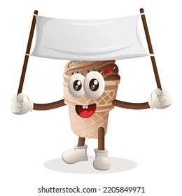 Cute ice cream mascot holding blank banner. Perfect for food store, small business or e-Commerce, merchandise and sticker, banner promotion, food review blog or vlog channel
