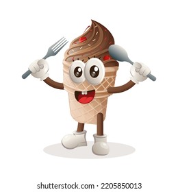 Cute ice cream mascot holding spoon and fork. Perfect for food store, small business or e-Commerce, merchandise and sticker, banner promotion, food review blog or vlog channel

