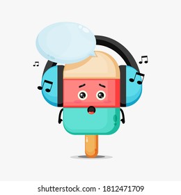 Cute ice cream mascot listening to music