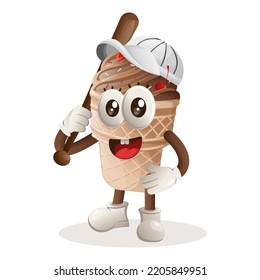 Cute ice cream mascot playing baseball. Perfect for food store, small business or e-Commerce, merchandise and sticker, banner promotion, food review blog or vlog channel
