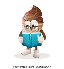 Cute ice cream mascot reading a book. Perfect for food store, small business or e-Commerce, merchandise and sticker, banner promotion, food review blog or vlog channel
