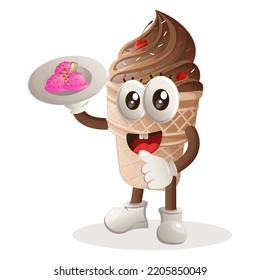 Cute ice cream mascot serving desserts, waiters. Perfect for food store, small business or e-Commerce, merchandise and sticker, banner promotion, food review blog or vlog channel
