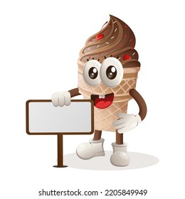 Cute ice cream mascot standing next to a billboard. Perfect for food store, small business or e-Commerce, merchandise and sticker, banner promotion, food review blog or vlog channel

