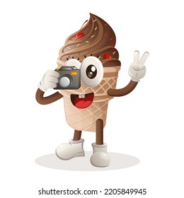 Cute ice cream mascot taking photo with camera. Perfect for food store, small business or e-Commerce, merchandise and sticker, banner promotion, food review blog or vlog channel
