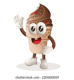 Cute ice cream mascot waving hand. Perfect for food store, small business or e-Commerce, merchandise and sticker, banner promotion, food review blog or vlog channel
