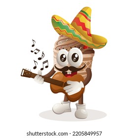 Cute ice cream mascot wearing mexican hat with playing guitar. Perfect for food store, small business or e-Commerce, merchandise and sticker, banner promotion, food review blog or vlog channel
