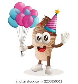 Cute ice cream mascot wearing a birthday hat, holding balloons. Perfect for food store, small business or e-Commerce, merchandise and sticker, banner promotion, food review blog or vlog channel
