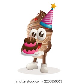 Cute ice cream mascot wearing a birthday hat, holding birthday cake. Perfect for food store, small business or e-Commerce, merchandise and sticker, banner promotion, food review blog or vlog channel
