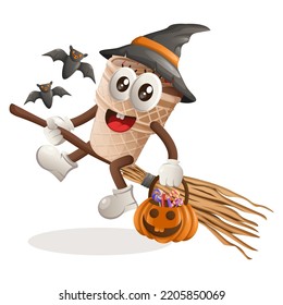 Cute ice cream mascot witch with holding halloween pumpkin with candy on it. Perfect for food store, small business or e-Commerce, merchandise and sticker, banner promotion, food review blog or vlog
