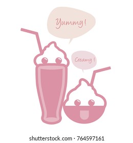 Cute ice cream, milkshake with straws and speech balloon