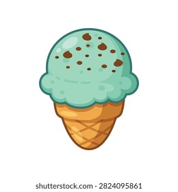Cute ice cream mint choc chip cone isolated on a clean white background.