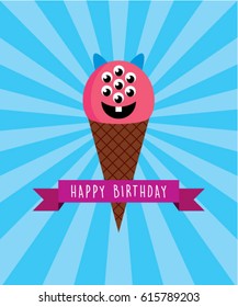 cute ice cream monster happy birthday greeting vector