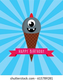 cute ice cream monster happy birthday greeting vector