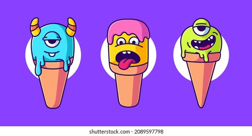cute ice cream monster vector illustration. ice cream cone cartoon flat design 
