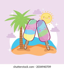 cute ice cream on beach cartoon