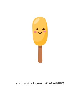 Cute ice cream on wooden stick with smiling face, flat vector illustration isolated on white background. Cartoon character of popsicle for summer sticker design.