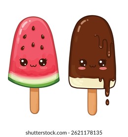 Cute Ice Cream Pairing: Elevate your visuals with this kawaii vector illustration of an adorable ice cream couple, isolated on a white background. Ideal for conveying sweetness and happiness
