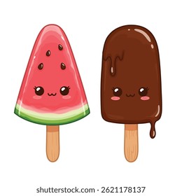Cute Ice Cream Pairing: Elevate your visuals with this kawaii vector illustration of an adorable ice cream couple, isolated on a white background. Ideal for conveying sweetness and happiness