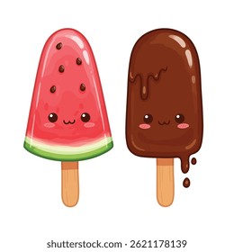 Cute Ice Cream Pairing: Elevate your visuals with this kawaii vector illustration of an adorable ice cream couple, isolated on a white background. Ideal for conveying sweetness and happiness