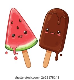 Cute Ice Cream Pairing: Elevate your visuals with this kawaii vector illustration of an adorable ice cream couple, isolated on a white background. Ideal for conveying sweetness and happiness