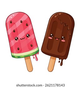 Cute Ice Cream Pairing: Elevate your visuals with this kawaii vector illustration of an adorable ice cream couple, isolated on a white background. Ideal for conveying sweetness and happiness