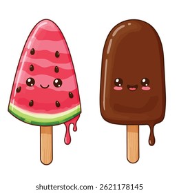 Cute Ice Cream Pairing: Elevate your visuals with this kawaii vector illustration of an adorable ice cream couple, isolated on a white background. Ideal for conveying sweetness and happiness