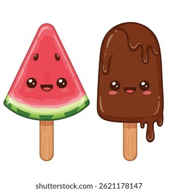 Cute Ice Cream Pairing: Elevate your visuals with this kawaii vector illustration of an adorable ice cream couple, isolated on a white background. Ideal for conveying sweetness and happiness