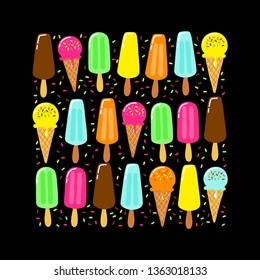 Cute Ice Cream Party collection background in vivid tasty colors ideal for invitation, card, banner, package, decoration etc