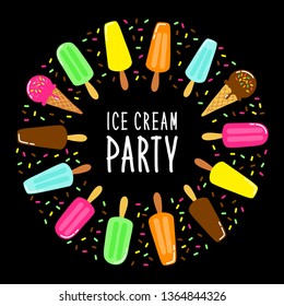 Cute Ice Cream Party collection background in vivid tasty colors ideal for invitation, card, banner, package, decoration etc