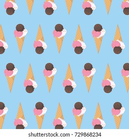 Cute ice cream pattern design, ice cream cone blue background.