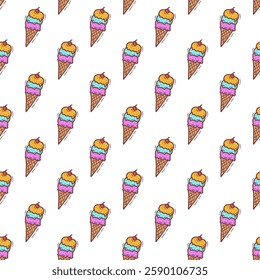 cute ice cream pattern isolated on white. ice cream cone seamless pattern. ice cream with cartoon style. hand drawn ice cream doodle pattern.