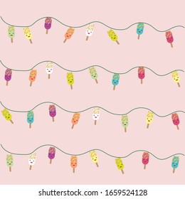 Diseño de helados con fondo pastel rosa claro. Dibujo colorido con helado variado, estilo memphis para envolver papel, imprimir, pegatina, papel pintado, Decoración veraniega. Vector plano ilustra