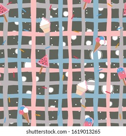 Cute Ice cream pattern with vanilla ice cream, chocolate ice cream, ice cream in a cone, sprinkles and scoops. Vector Illustration