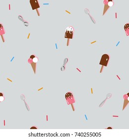 Cute Ice cream pattern with vanilla ice cream, chocolate ice cream, ice cream in a cone, sprinkles and scoops. Vector Illustration