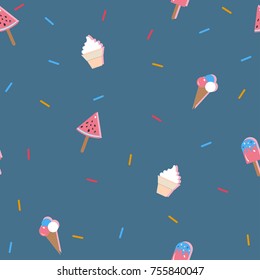 Cute Ice cream pattern with vanilla ice cream, chocolate ice cream, ice cream in a cone, sprinkles and scoops. Vector Illustration