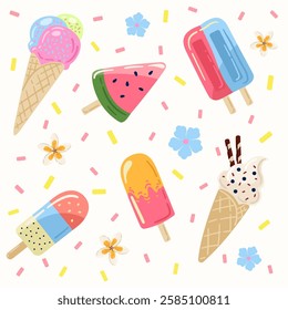 Cute ice cream pattern. Vector seamless pattern with ice cream cones and popsicles. Bright summer pattern