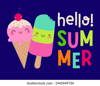 Cute ice cream and popsicle cartoon with typography design for summer holiday.