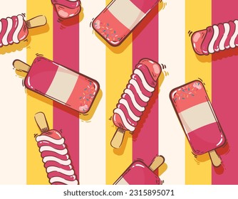 Cute ice cream , Popsicle with  Colourful Summer Striped Seamless pattern vector ,Design for fashion , fabric, textile, wallpaper , wrapping and all prints 