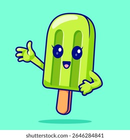 Cute Ice Cream Popsicle Waving Hand Cartoon Vector Icon 
Illustration. Sweet Food Icon Concept Isolated Premium 
Vector. Flat Cartoon Style 