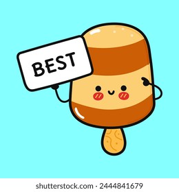 Cute Ice cream with poster best. Vector hand drawn cartoon kawaii character illustration icon. Isolated on blue background. Ice cream think concept