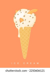 Cute ice cream poster. Vector vanilla-apricot ice cream in a cone on orange background.