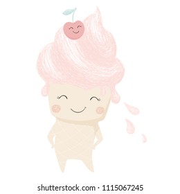 Cute ice cream print. Sweet fruit ice and funny cherry. Fashion child vector. Cool illustration for t-shirt, kids apparel, invitation design. Cartoon character