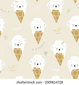 Cute ice cream puppies seamless pattern. Childish creative texture for fabric, apparel, wallpaper